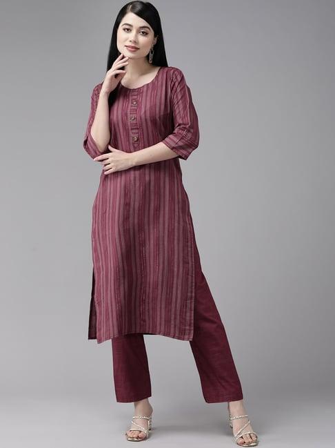 aarika purple cotton striped kurta pant set