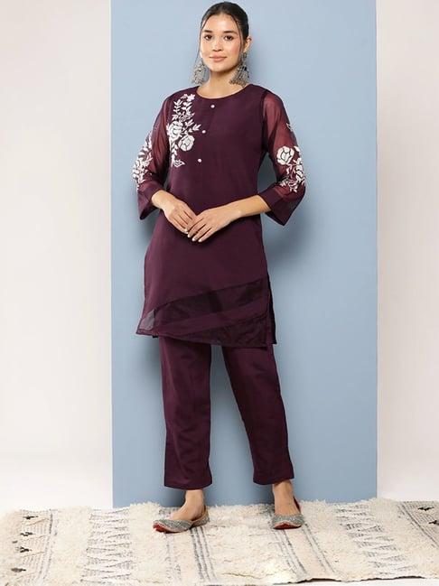 aarika purple embroidered kurti pant set