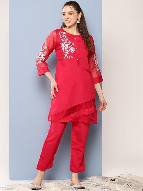 aarika red embroidered kurti pant set