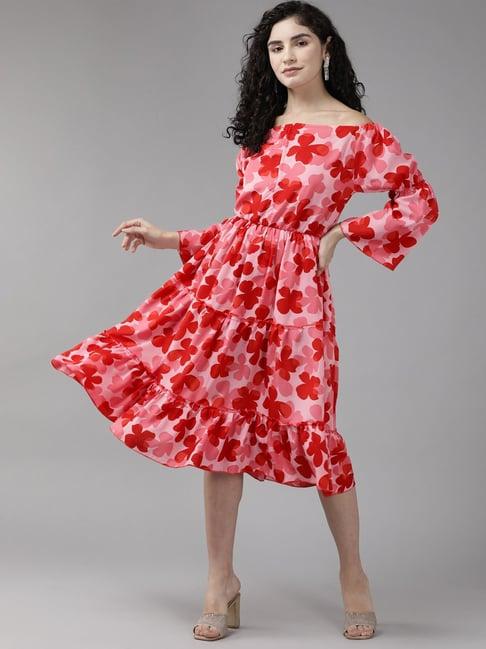 aarika red floral print a-line dress