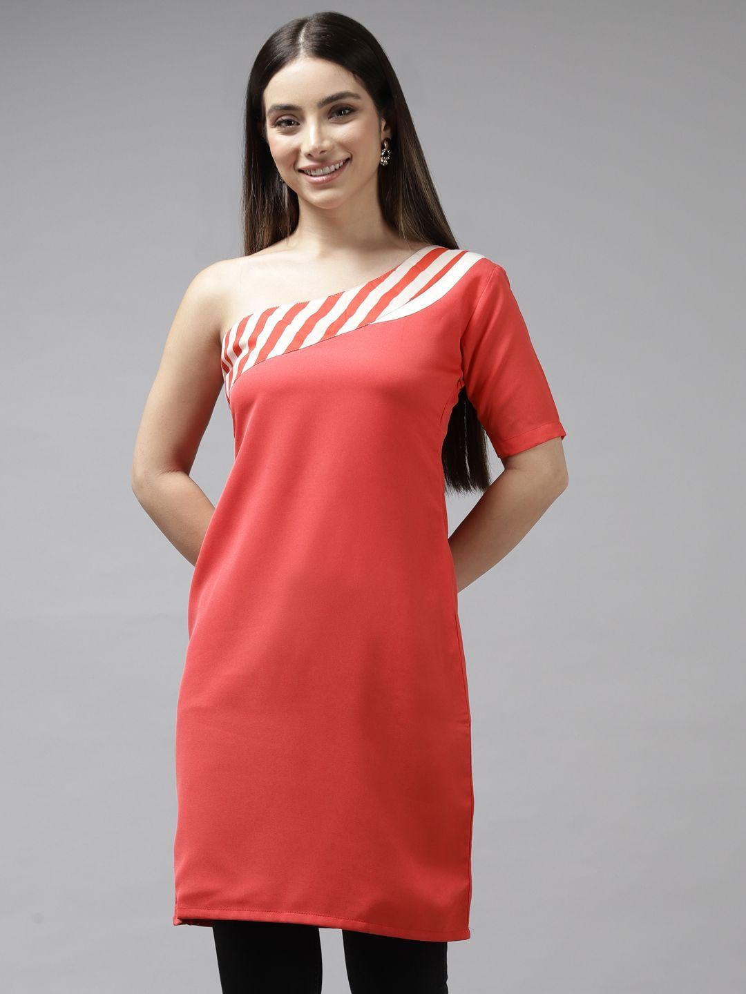 aarika red striped one shoulder georgette longline top