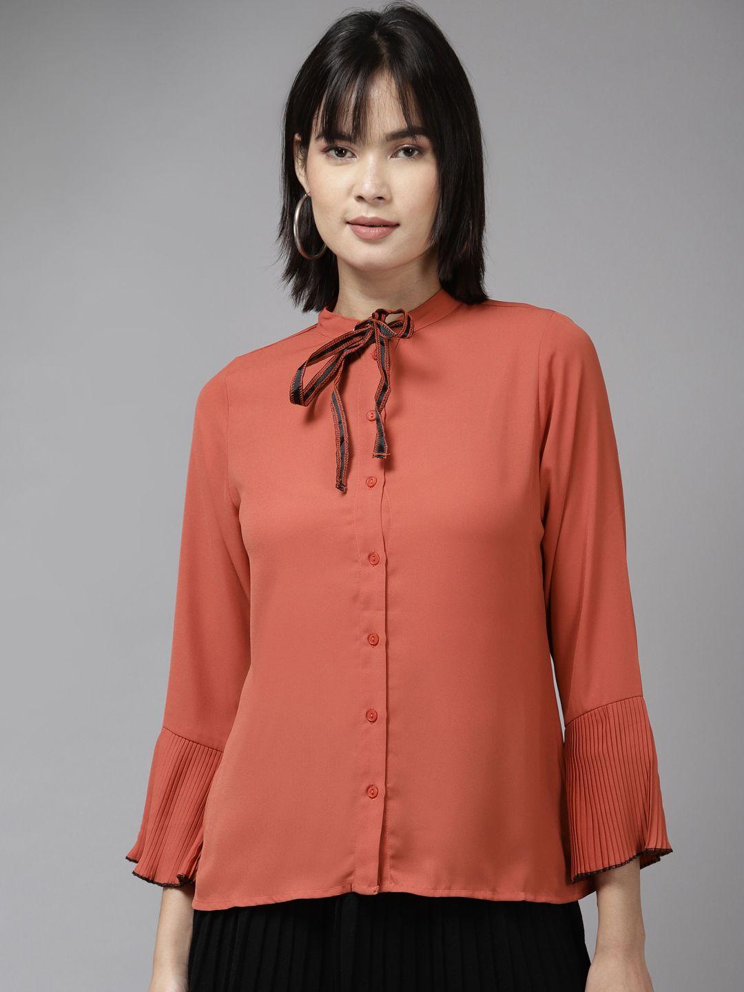 aarika rust tie-up neck shirt style top