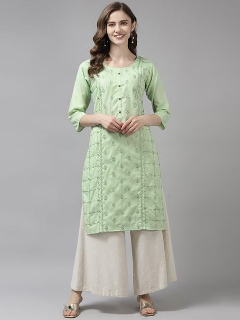 aarika sea green cotton embroidered straight kurta