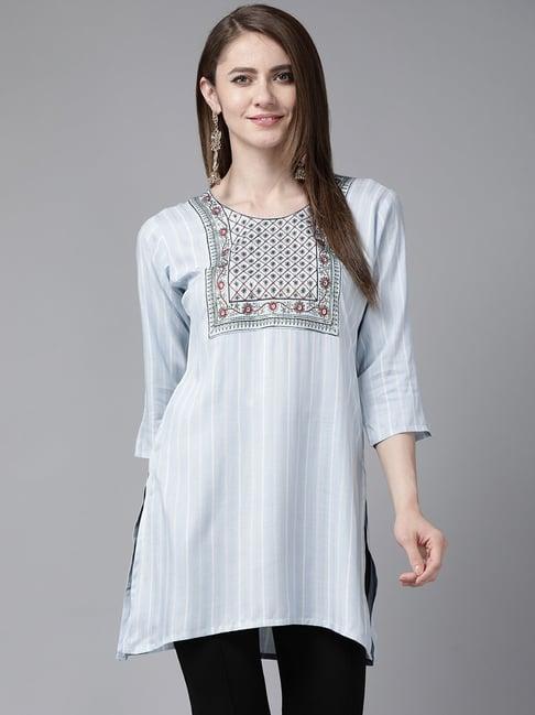 aarika sky blue cotton embroidered straight kurti