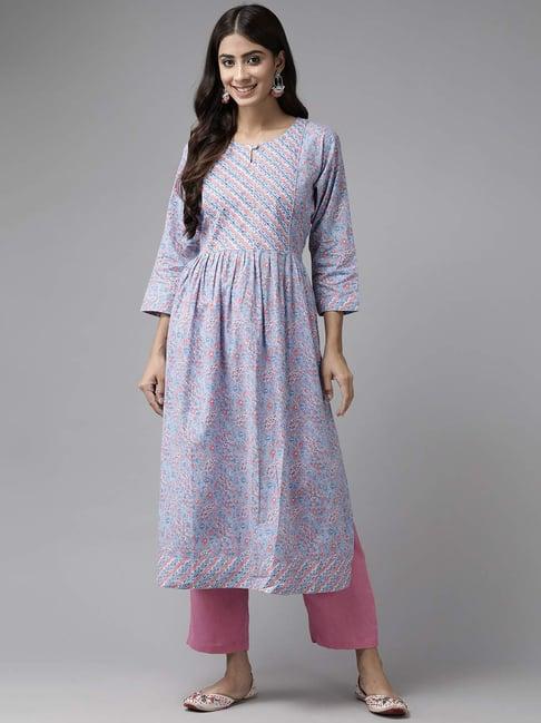 aarika sky blue cotton printed straight kurta