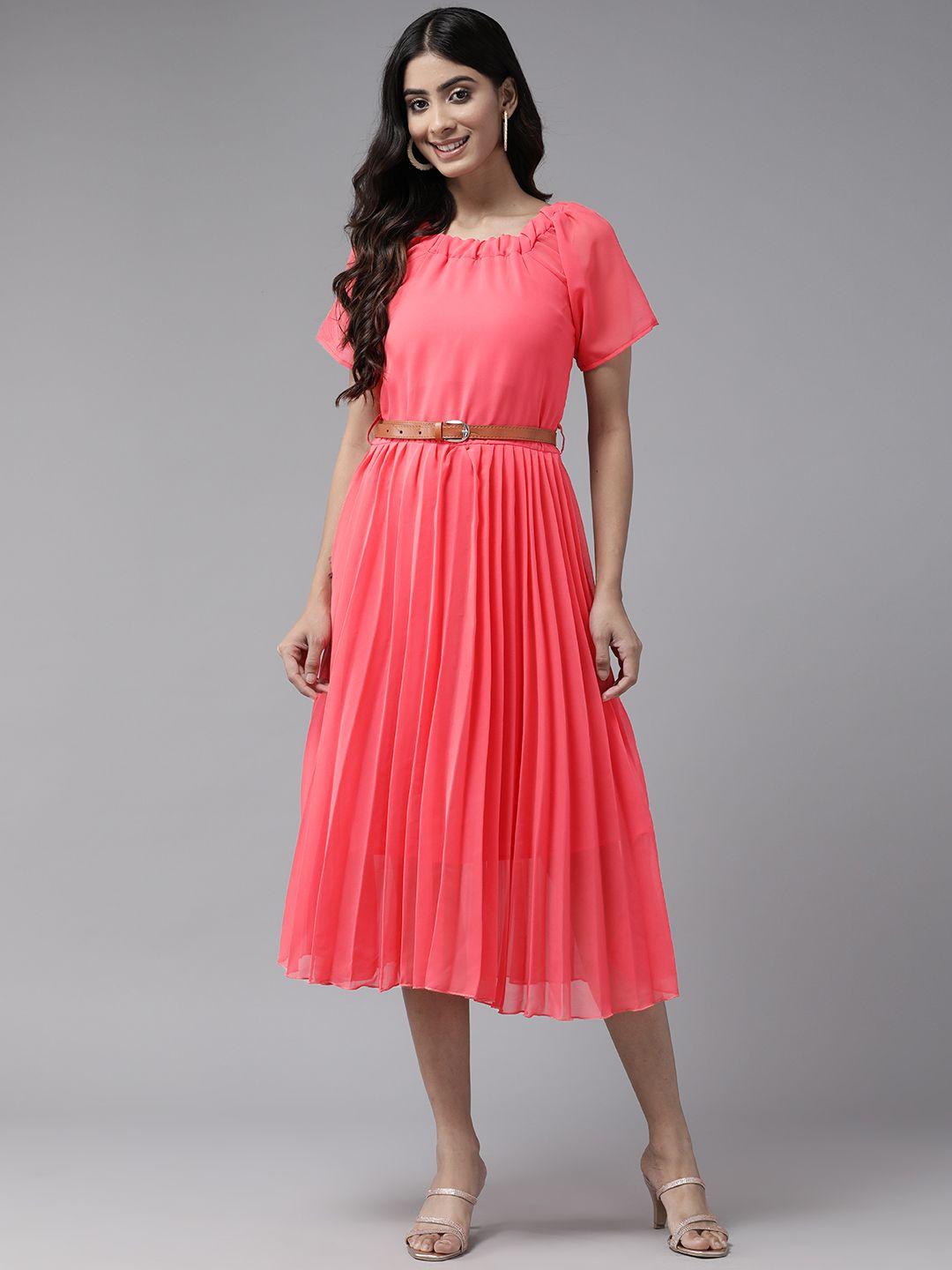 aarika solid georgette a-line midi dress with belt