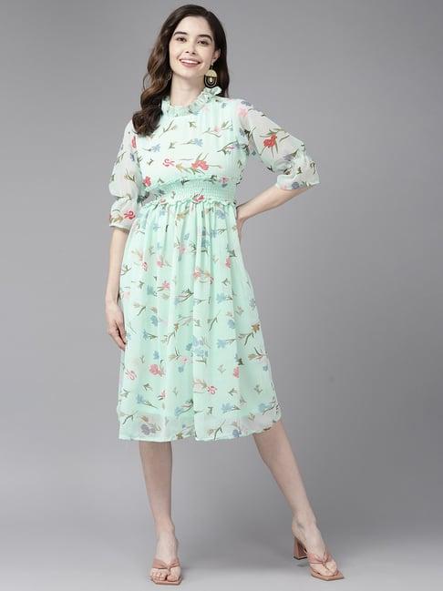 aarika turquoise floral print a-line dress