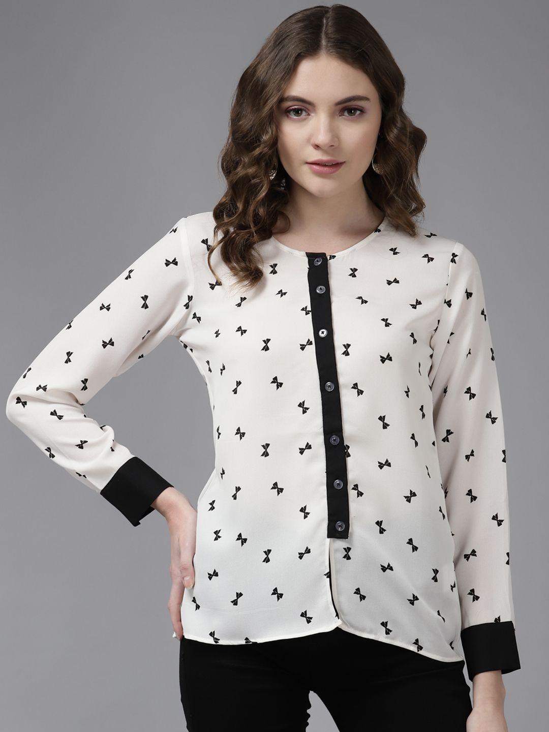 aarika white & black geometric printed georgette top