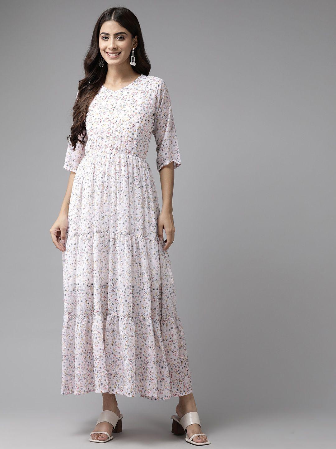 aarika white floral print georgette fit & flare maxi dress