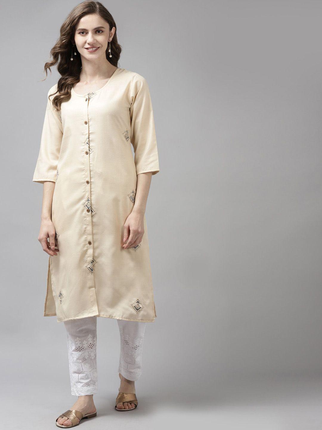 aarika women beige ethnic motifs embroidered thread work kurta