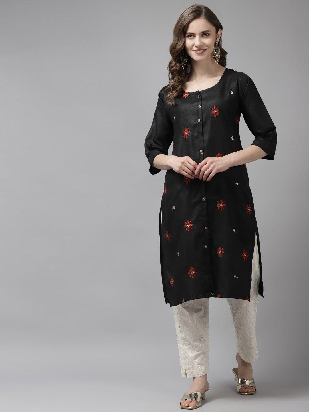 aarika women black ethnic motifs embroidered handloom kurta