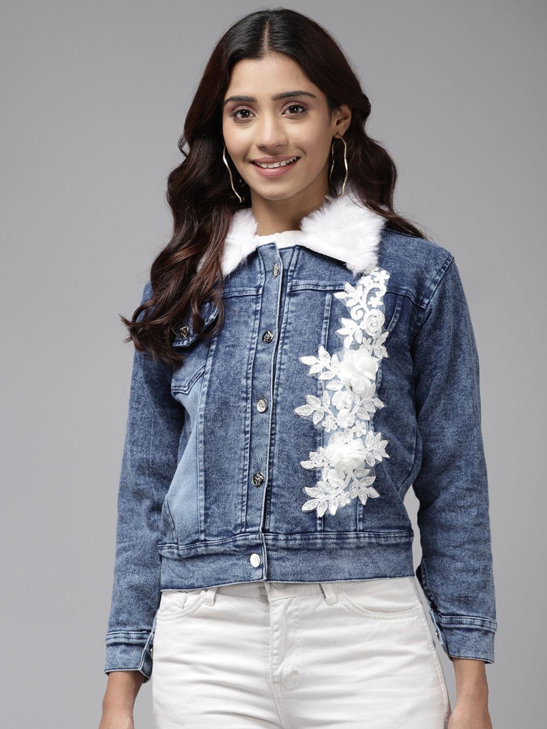 aarika women blue denim jacket with embroidered detail