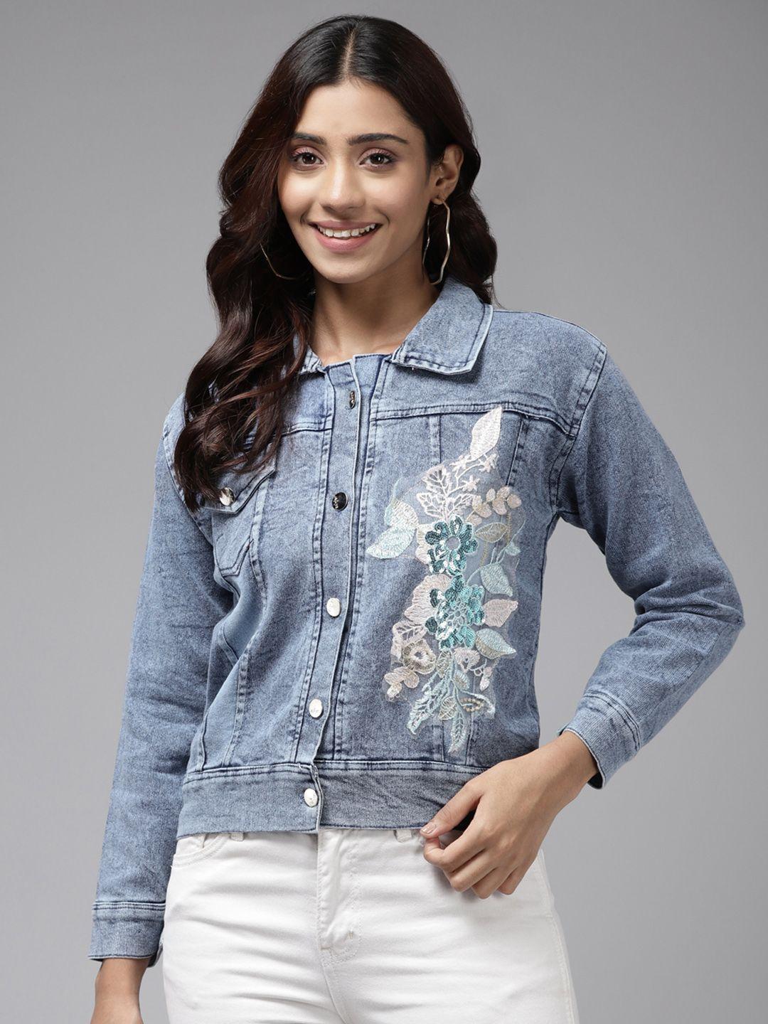 aarika women blue denim jacket with embroidered detail