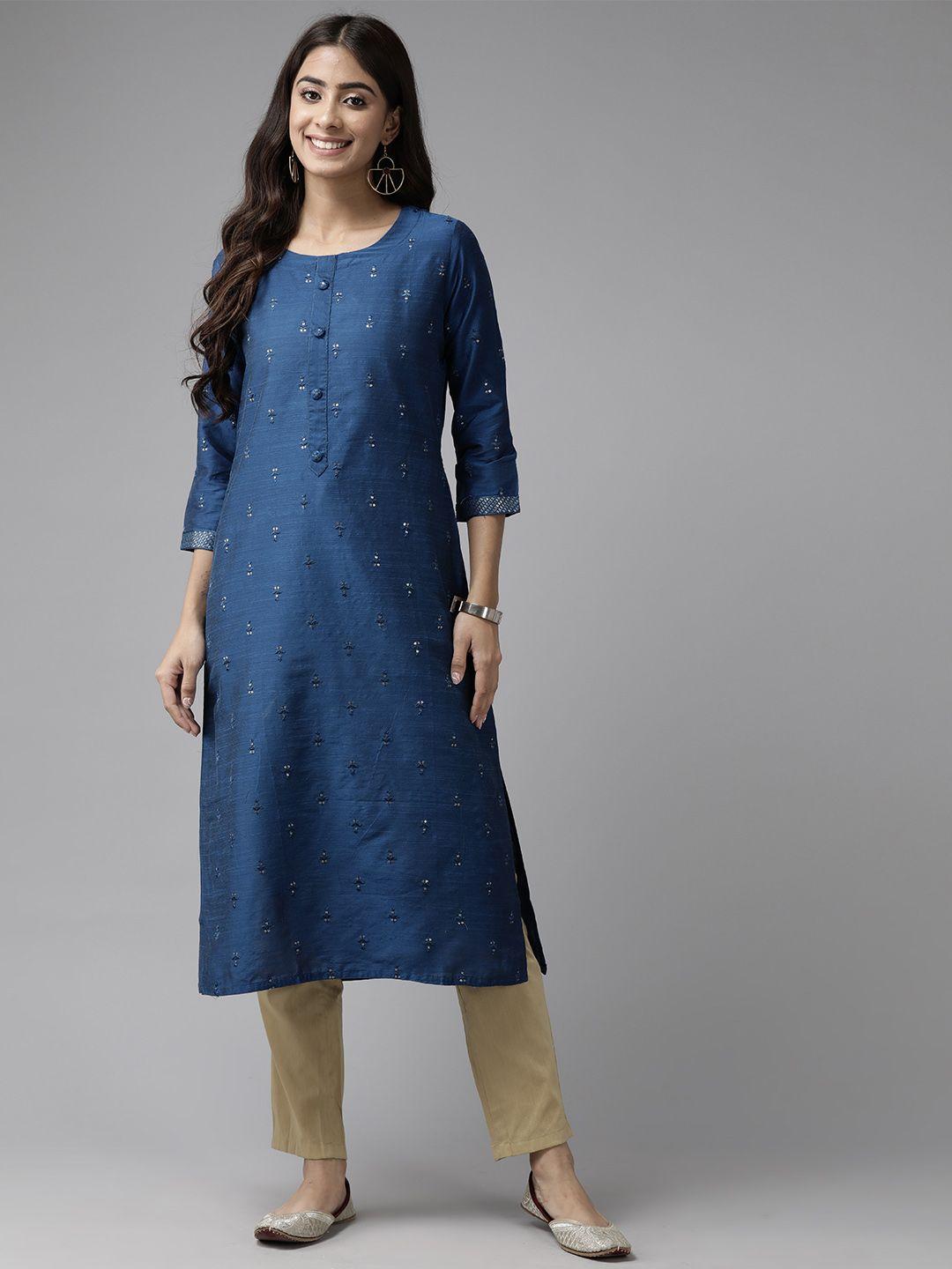 aarika women blue ethnic motifs embroidered sequinned kurta