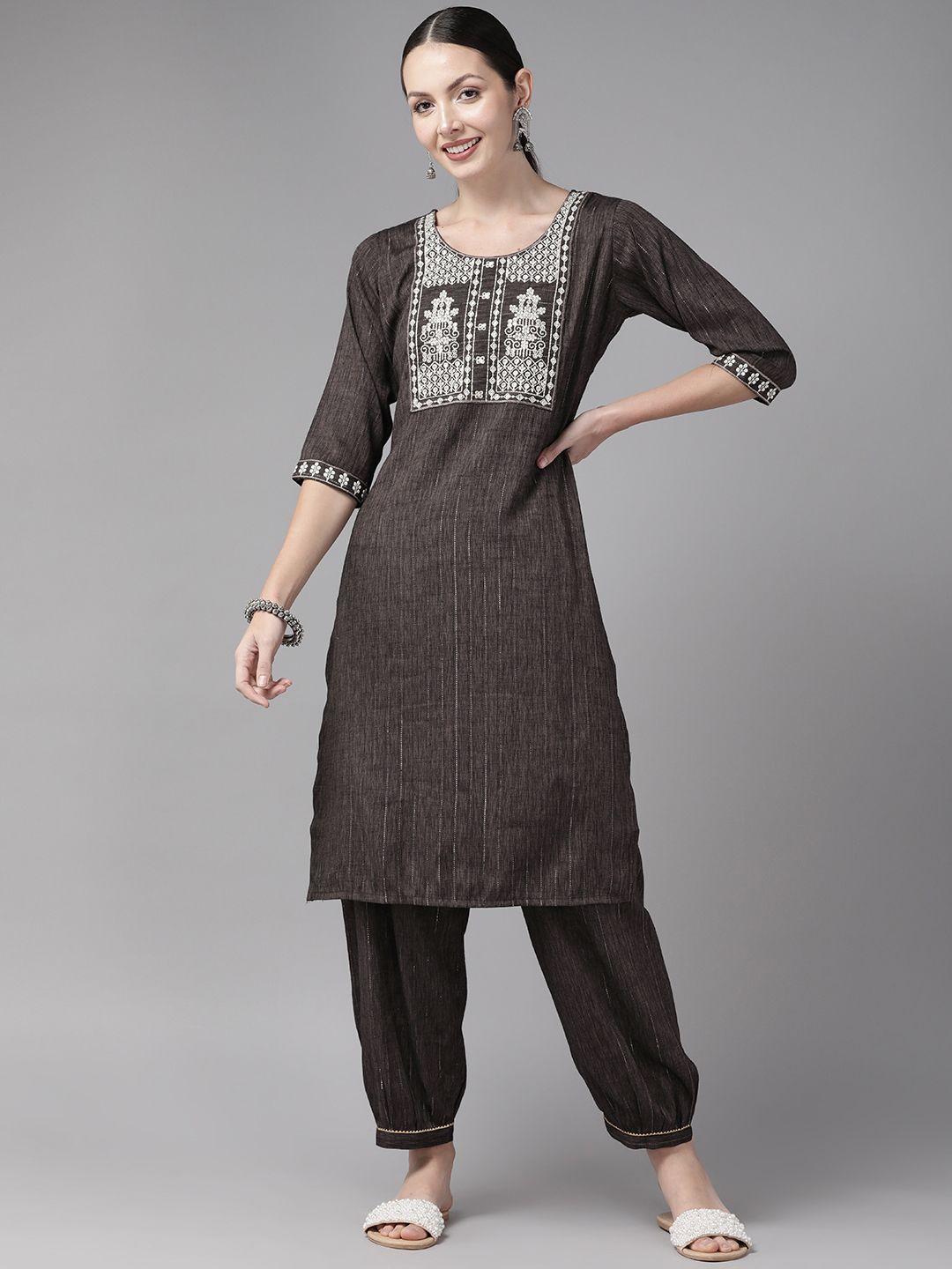 aarika women brown embroidered thread work pure cotton kurta with trousers