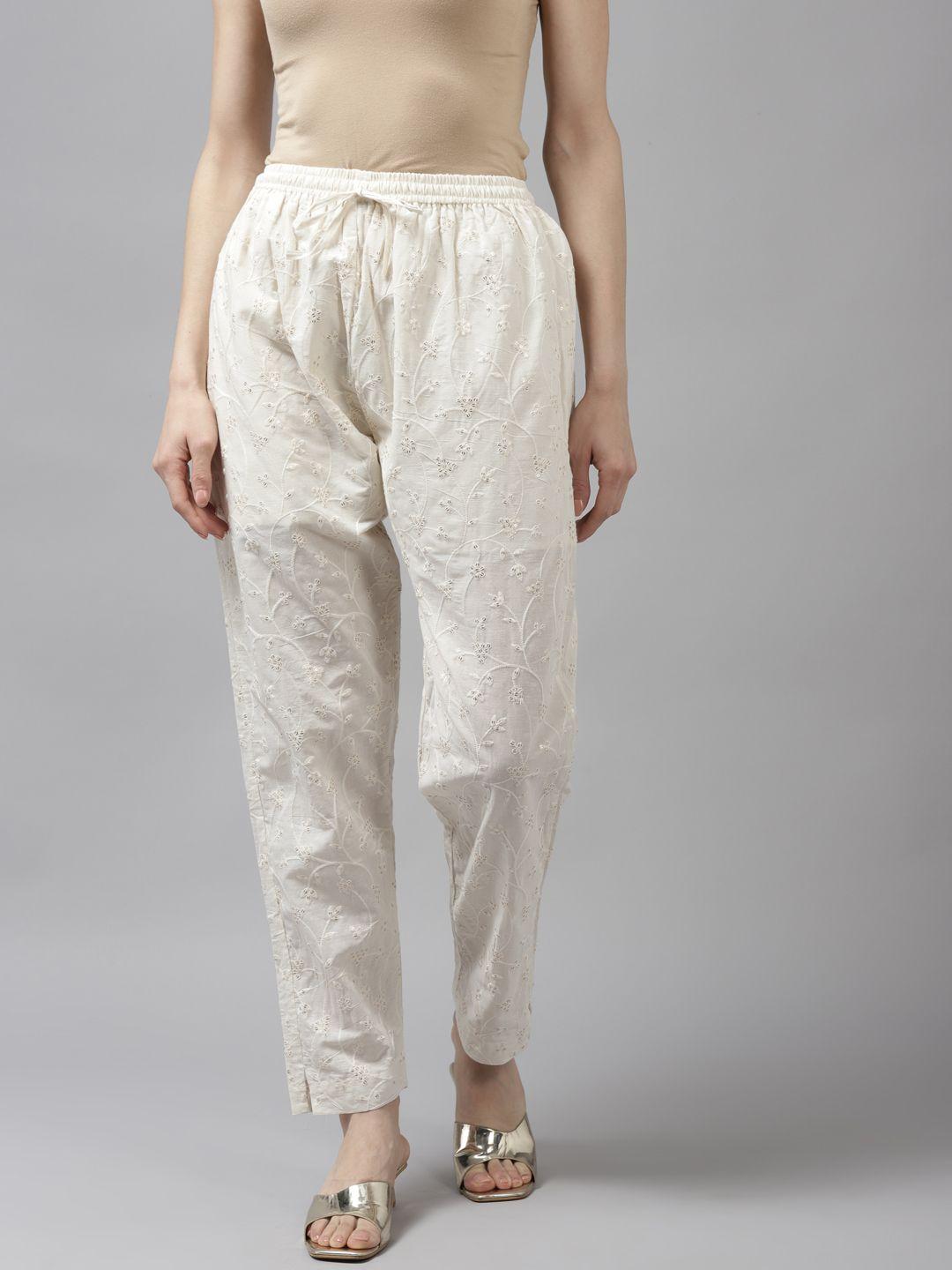aarika women cream-coloured ethnic motifs embroidered pleated trousers