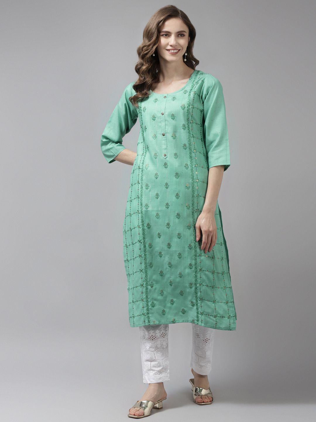 aarika women green floral embroidered handloom pure cotton kurta