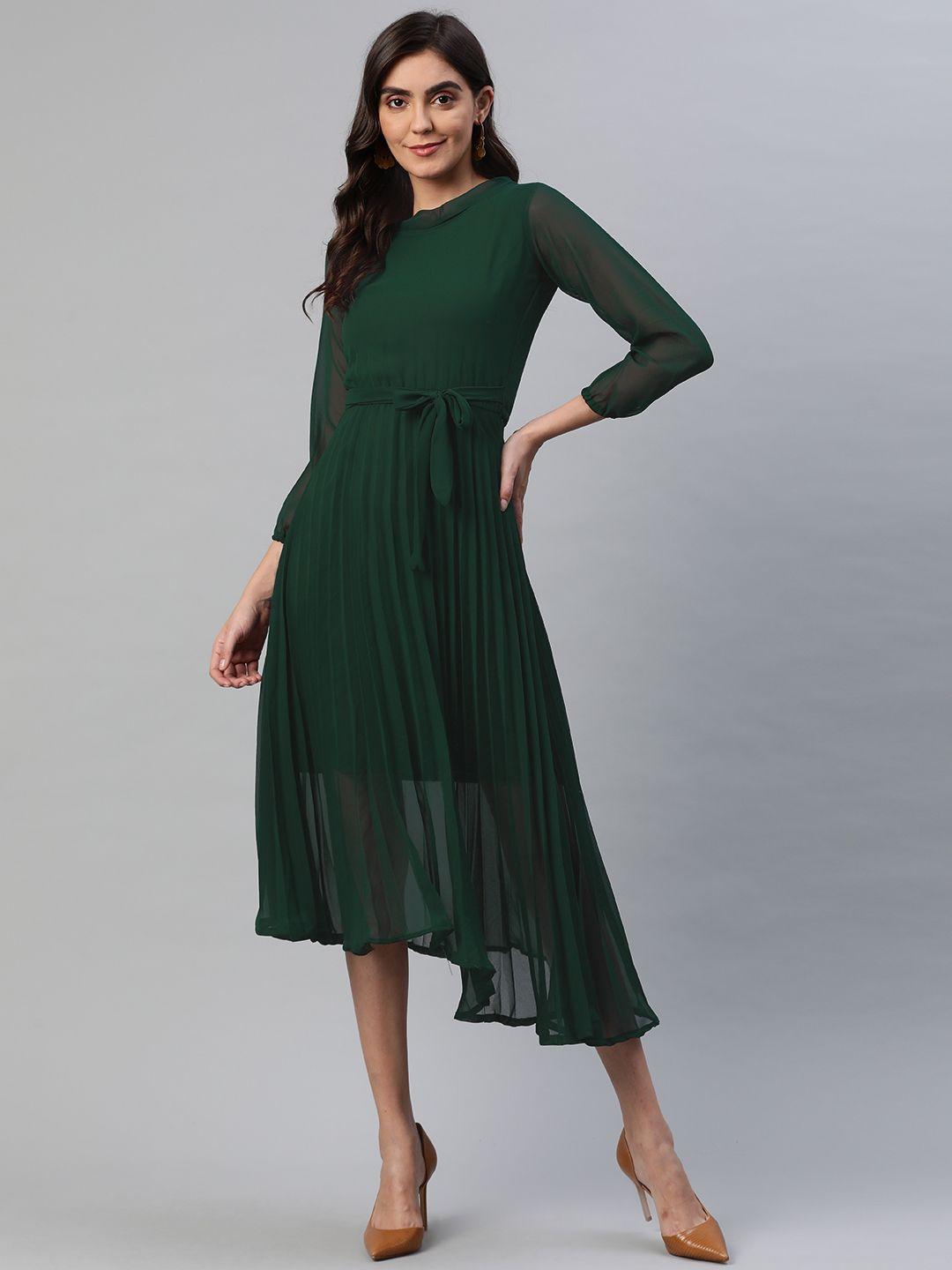 aarika women green solid a-line midi dress