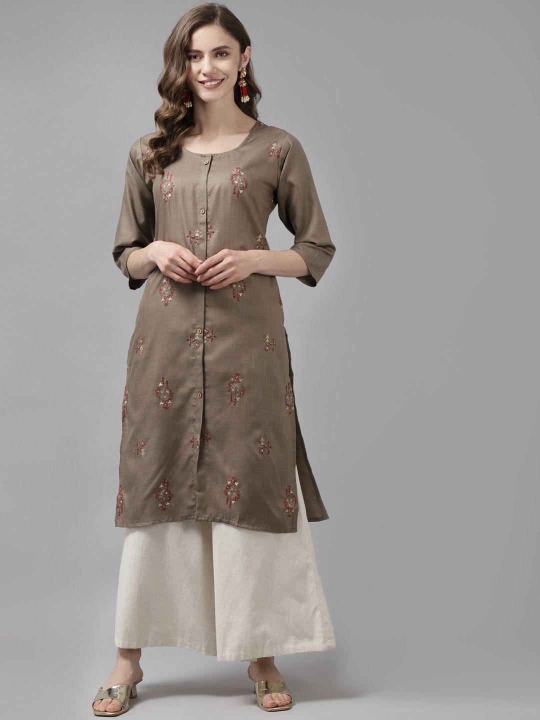 aarika women grey ethnic motifs embroidered thread work kurta