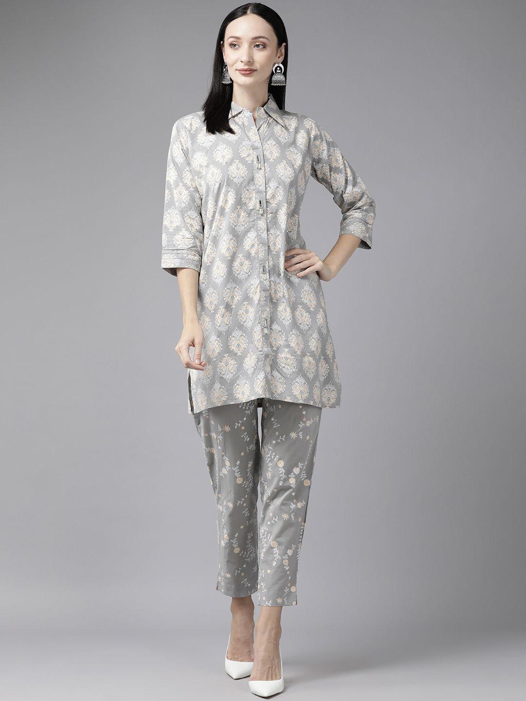 aarika women grey ethnic motifs printed regular pure cotton kurta with trousers