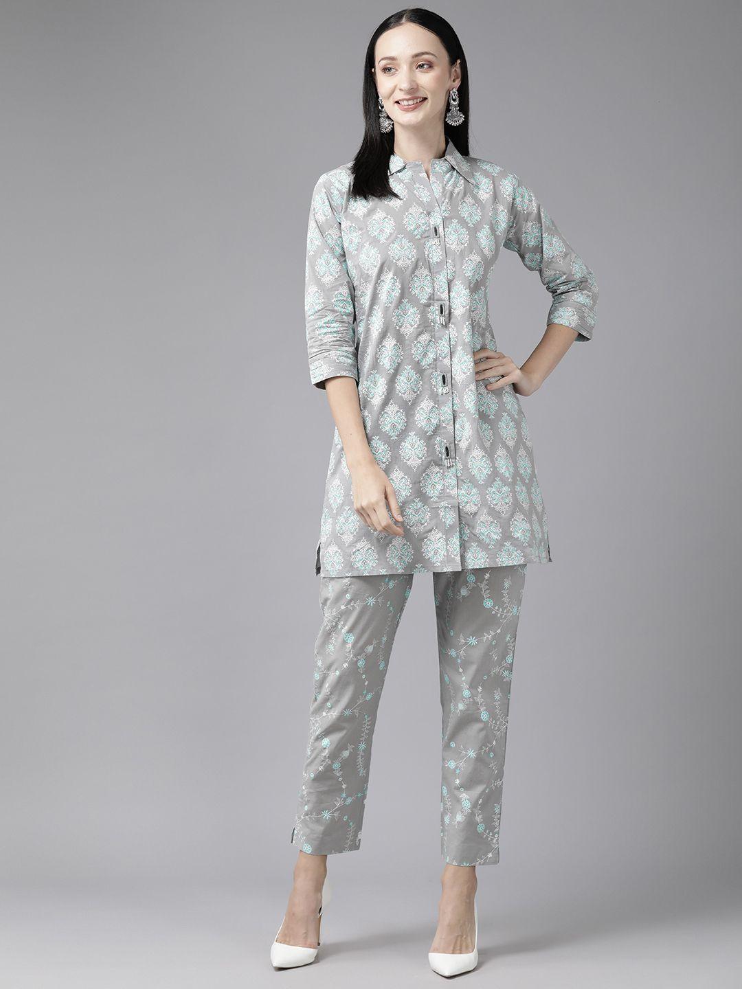 aarika women grey ethnic motifs printed regular pure cotton kurta with trousers