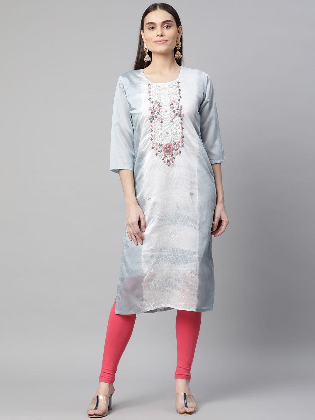 aarika women grey floral embroidered handloom kurta