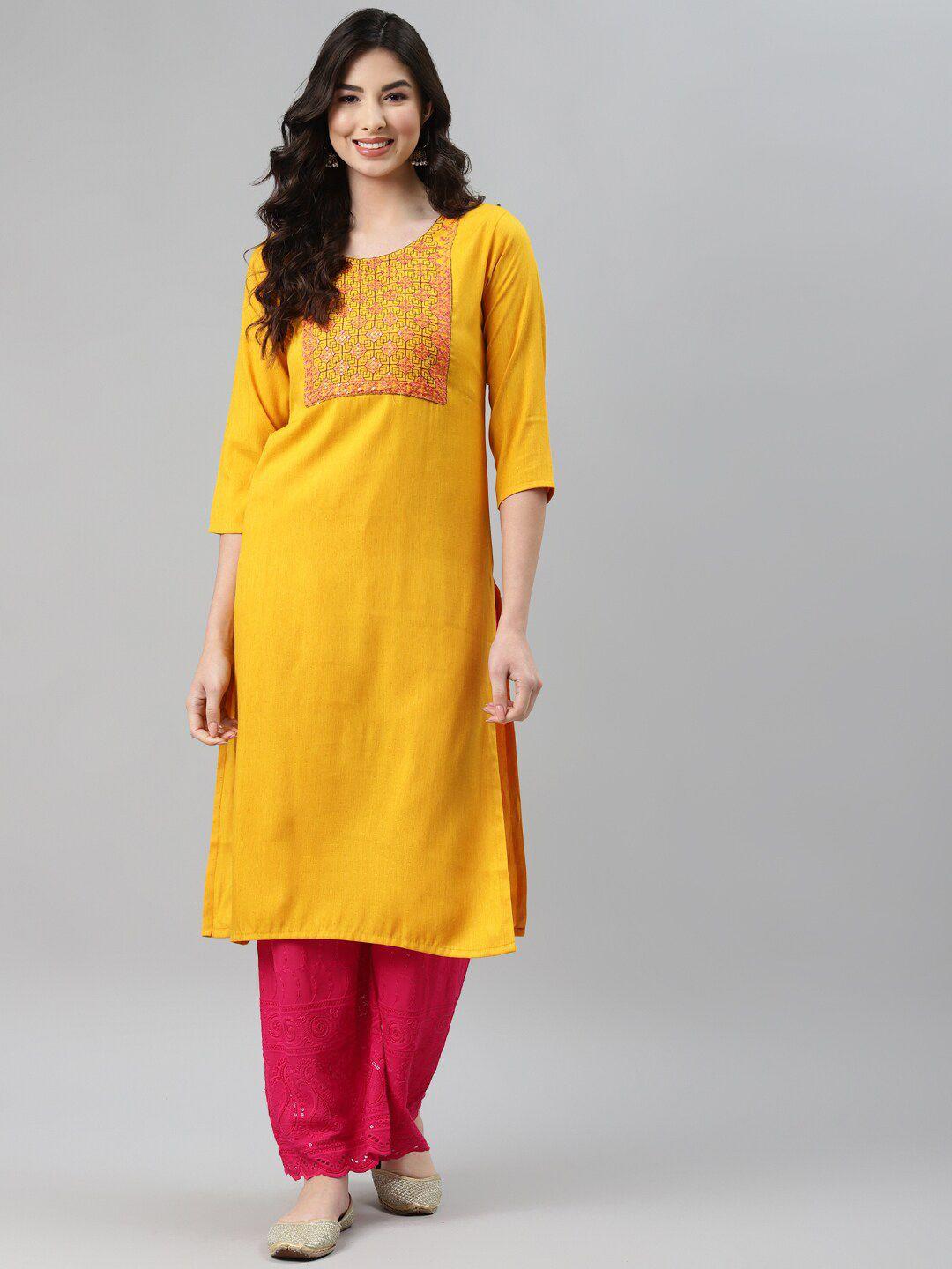 aarika women mustard yellow ethnic motifs yoke design cotton kurta