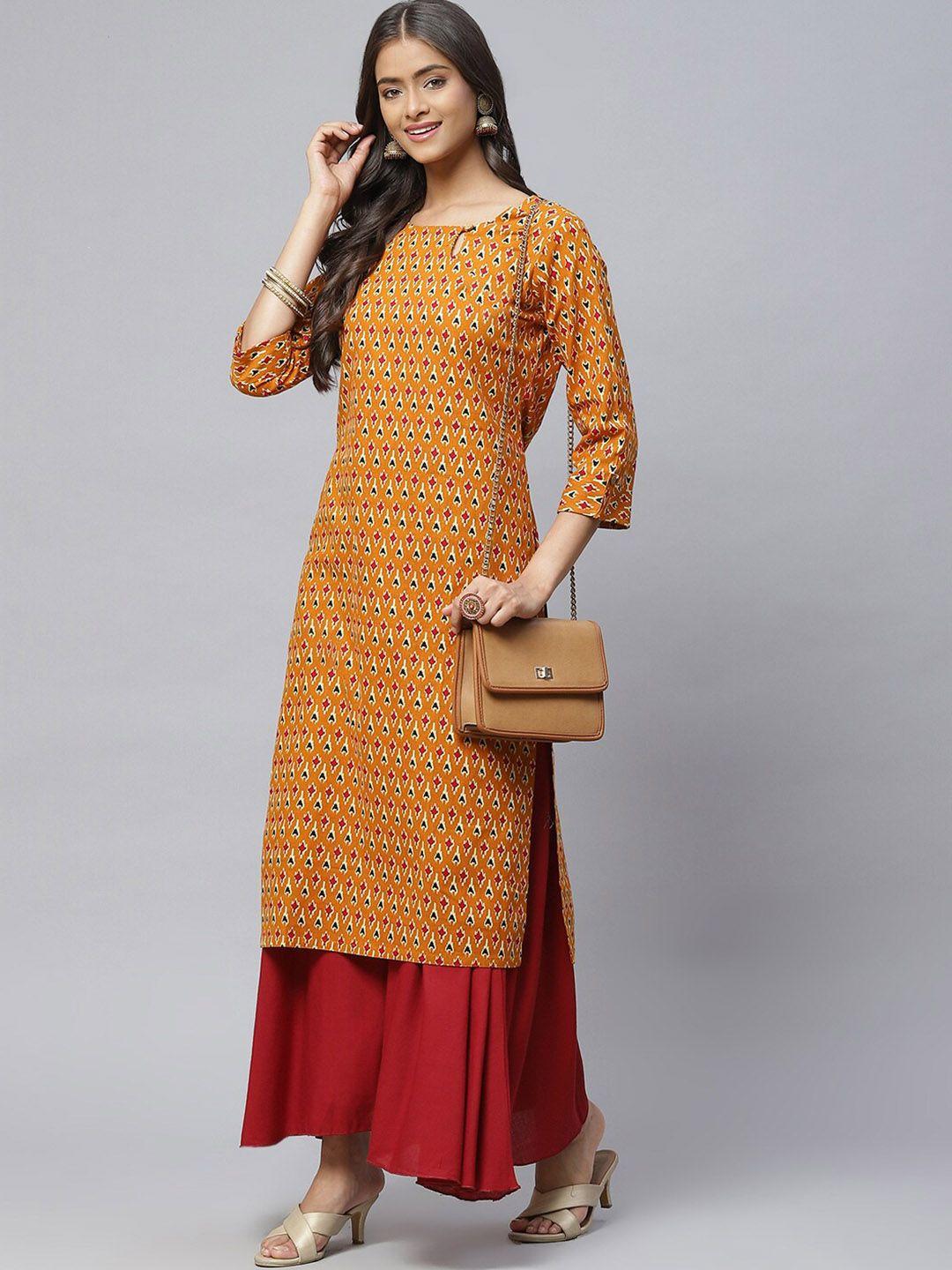 aarika women mustard yellow geometric printed keyhole neck thread work kurta