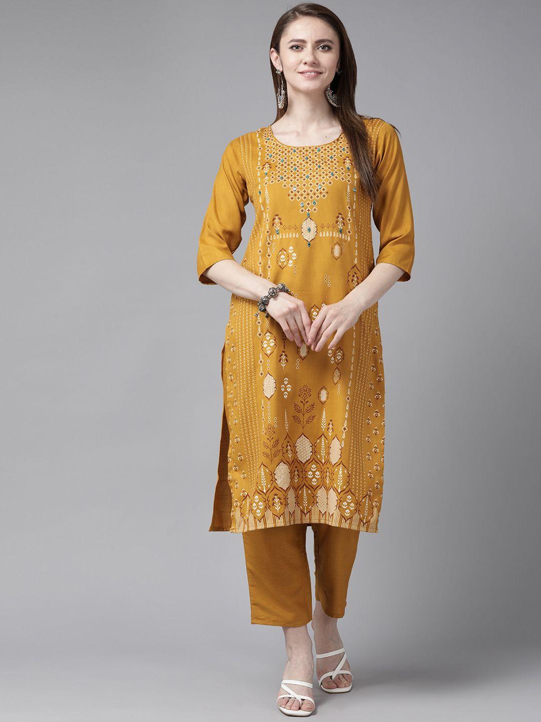 aarika women mustard yellow printed pure cotton kurta with trousers