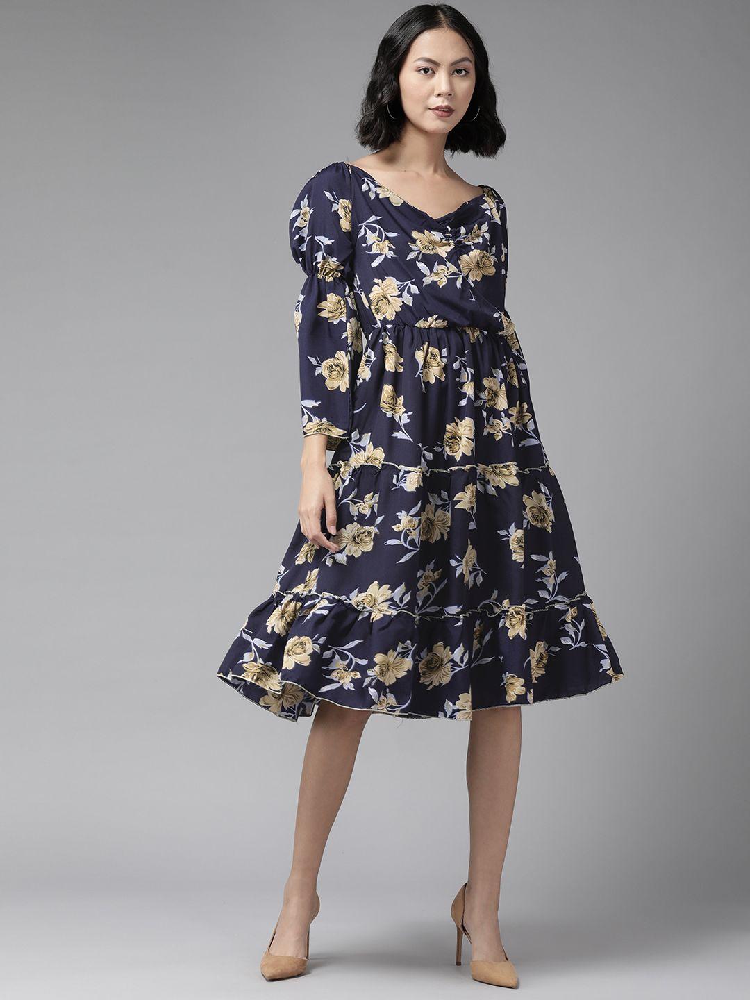 aarika women navy blue & beige floral print midi dress