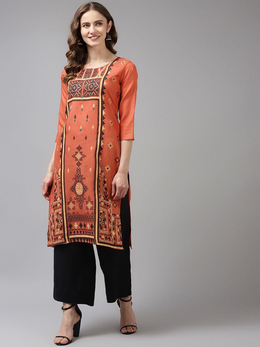 aarika women orange ethnic motifs printed cotton kurta