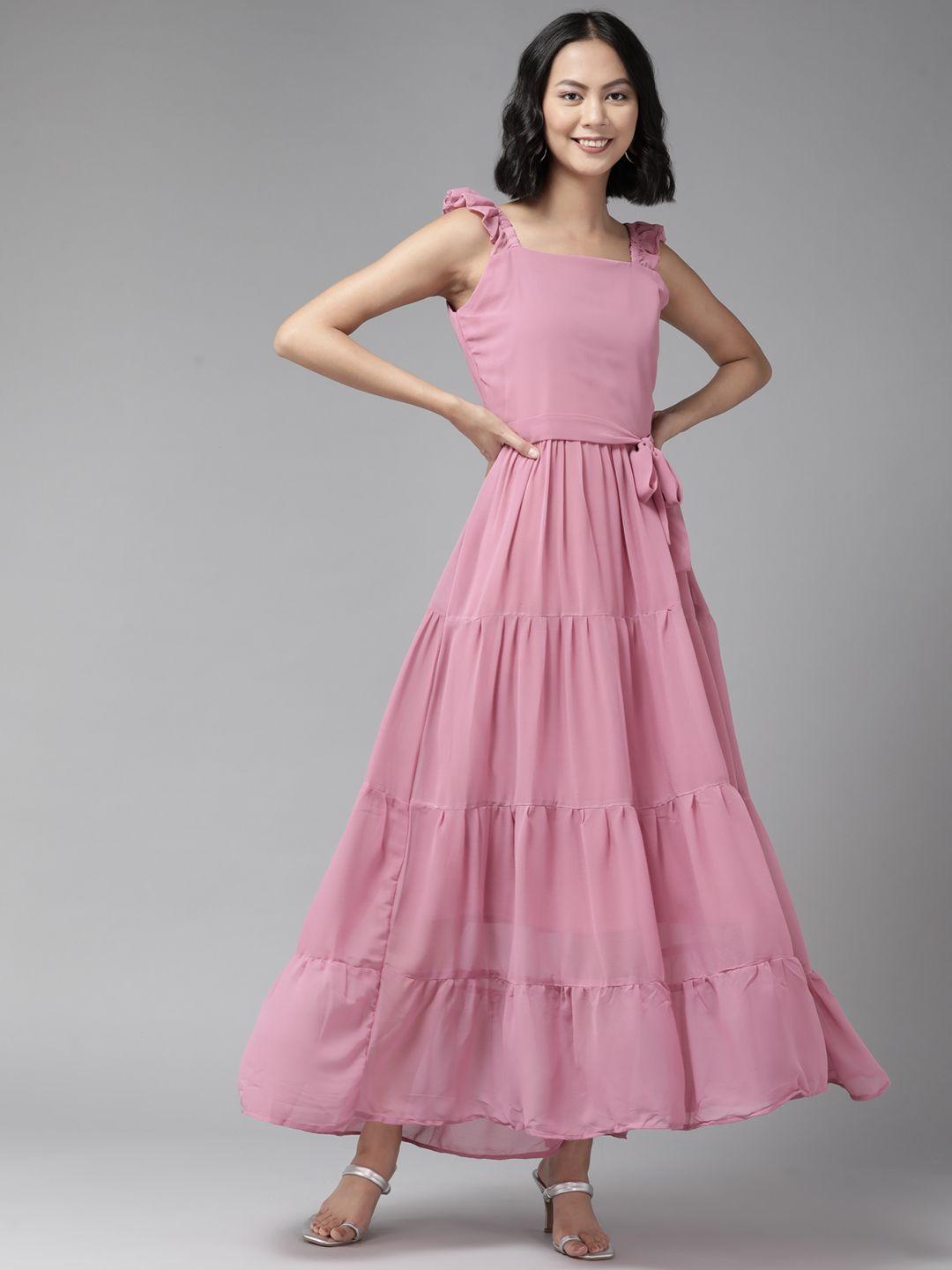 aarika women pink solid fit & flare maxi dress