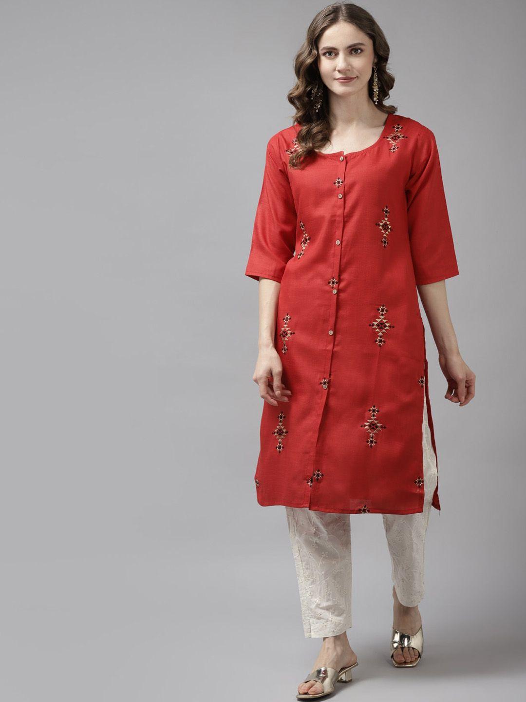 aarika women red ethnic motifs embroidered thread work kurta