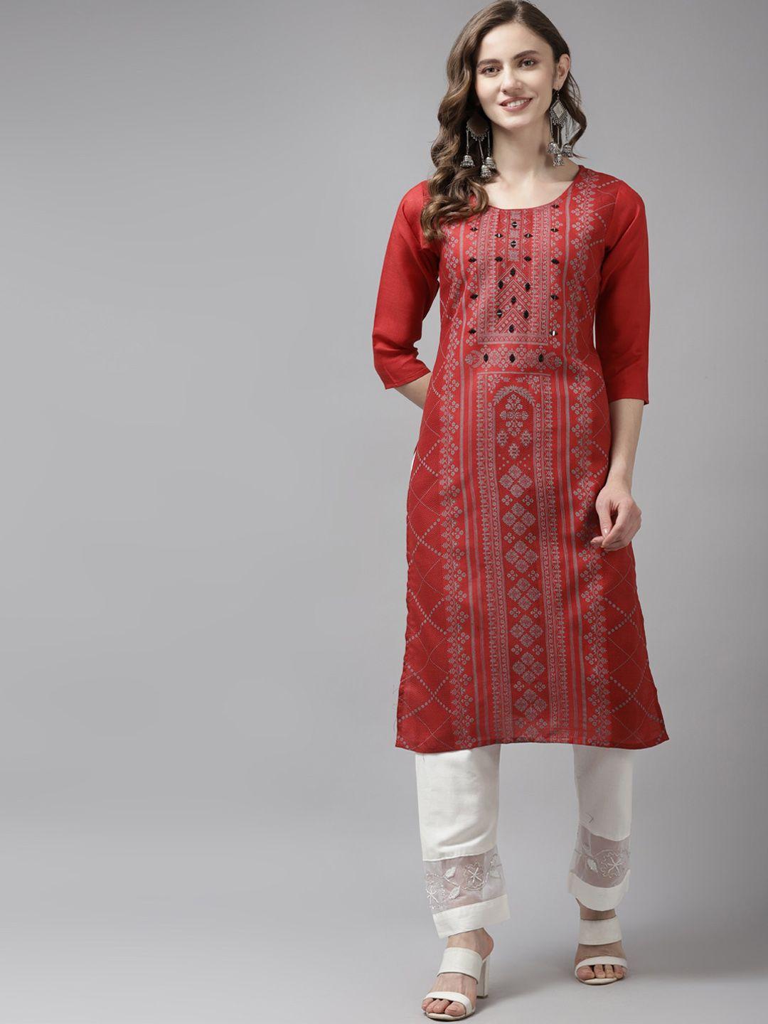aarika women red ethnic motifs printed thread work kurta