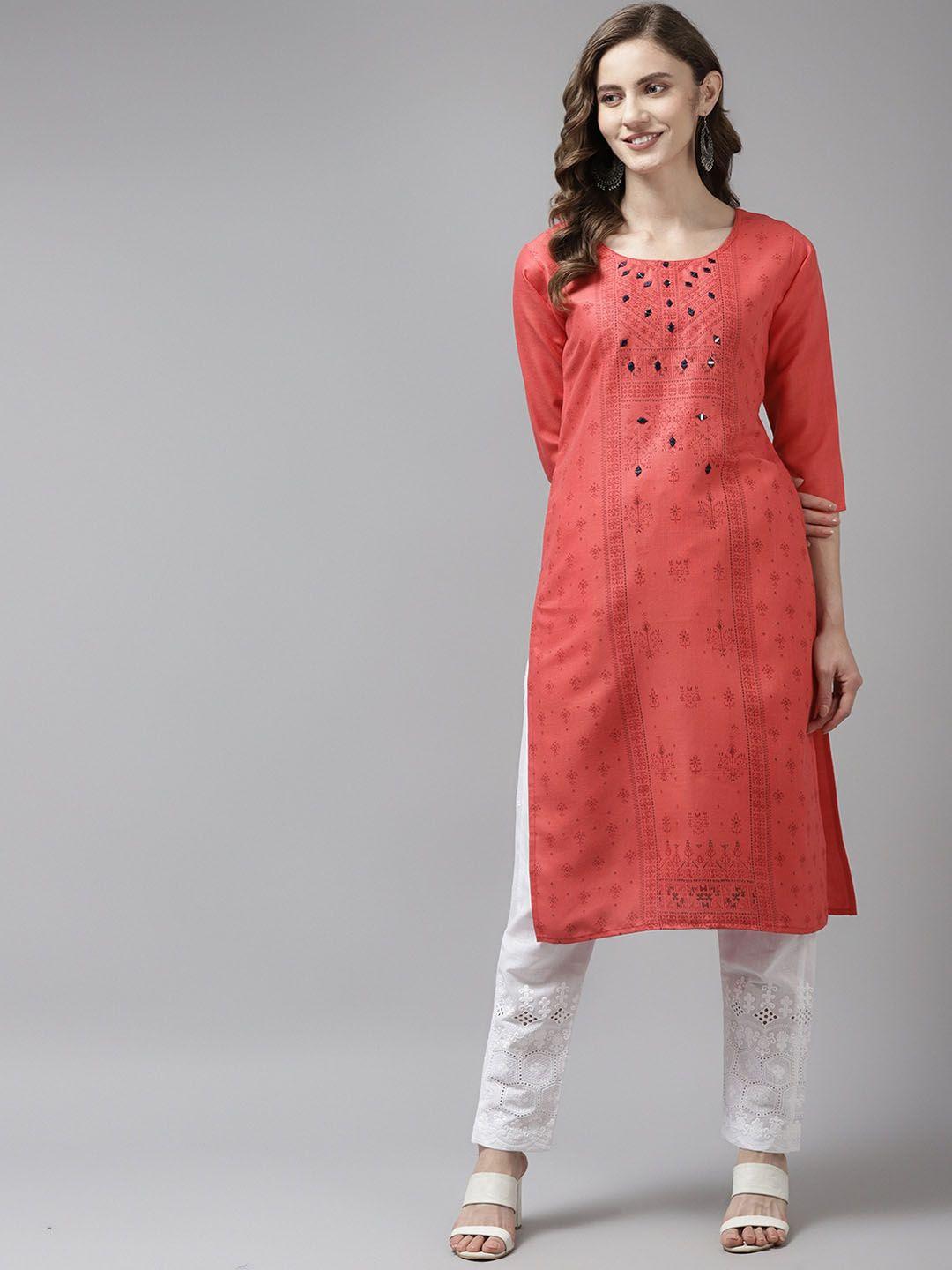 aarika women red ethnic motifs printed thread work kurta