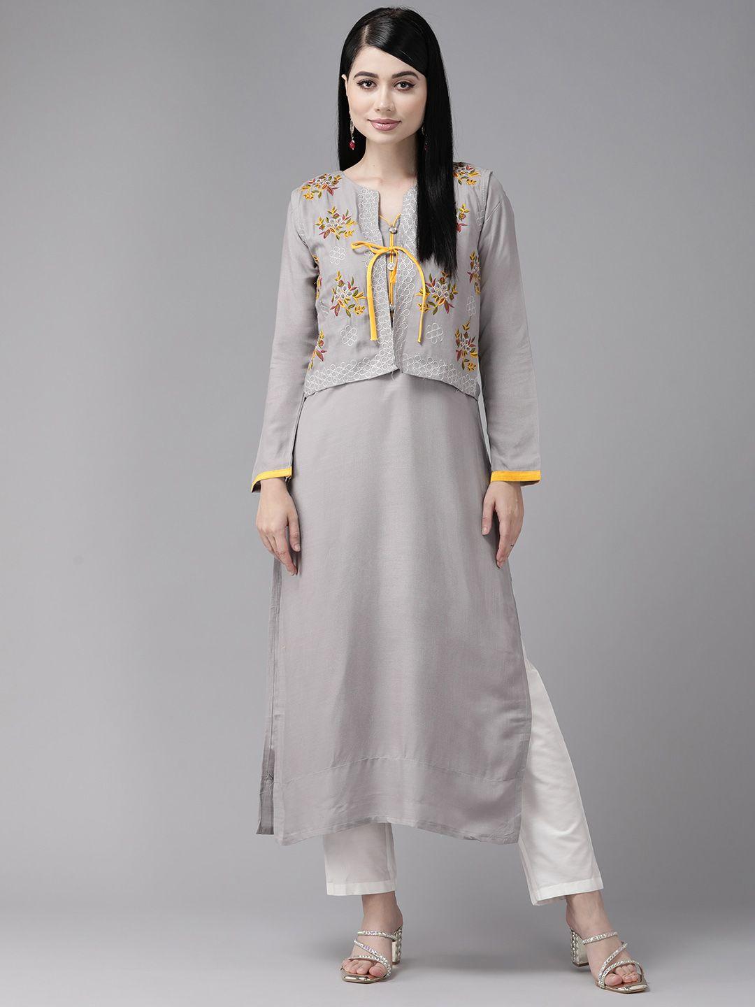 aarika women solid regular cotton kurta with embroidered jacket