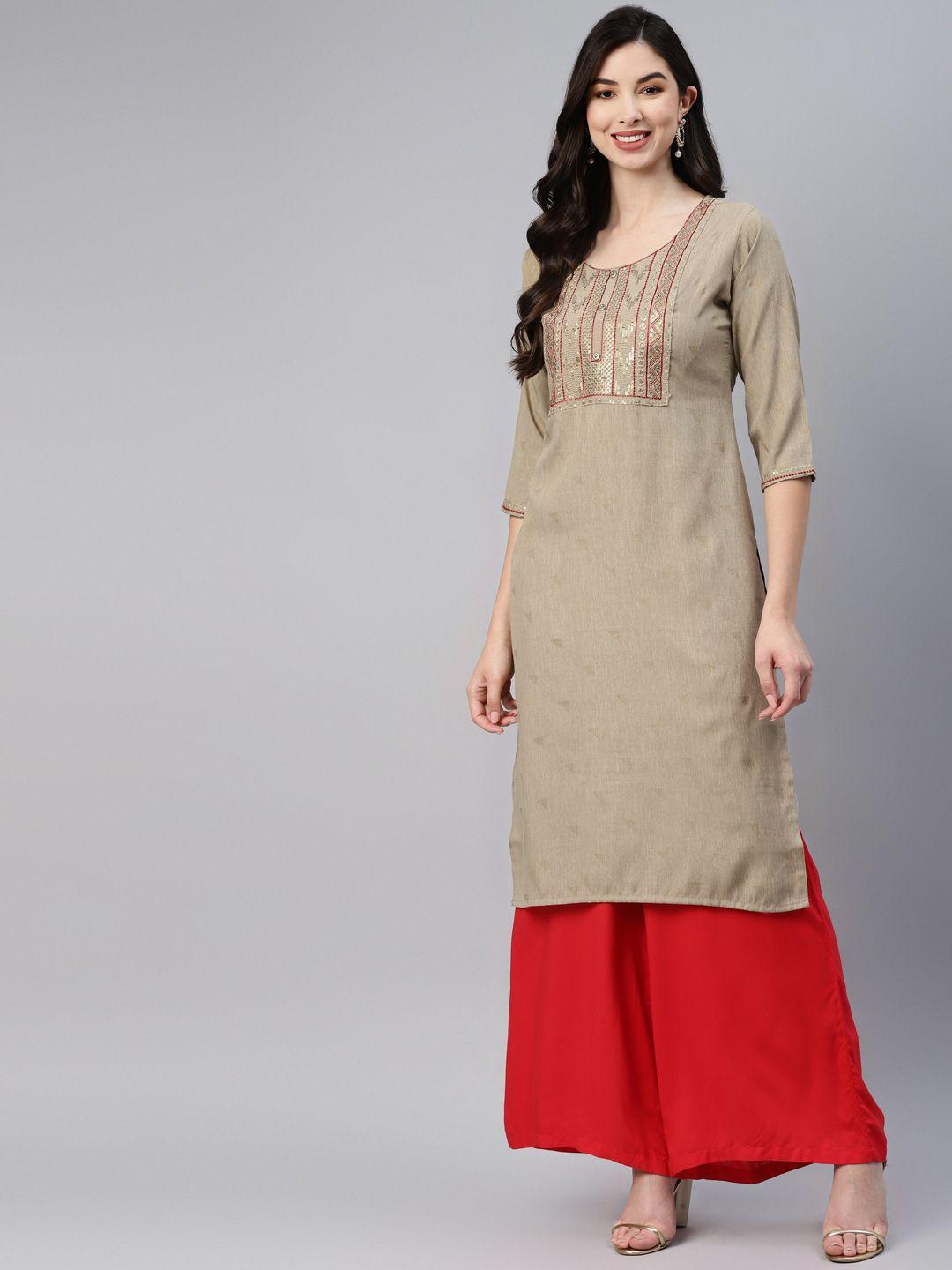 aarika women taupe ethnic motifs embroidered kurta