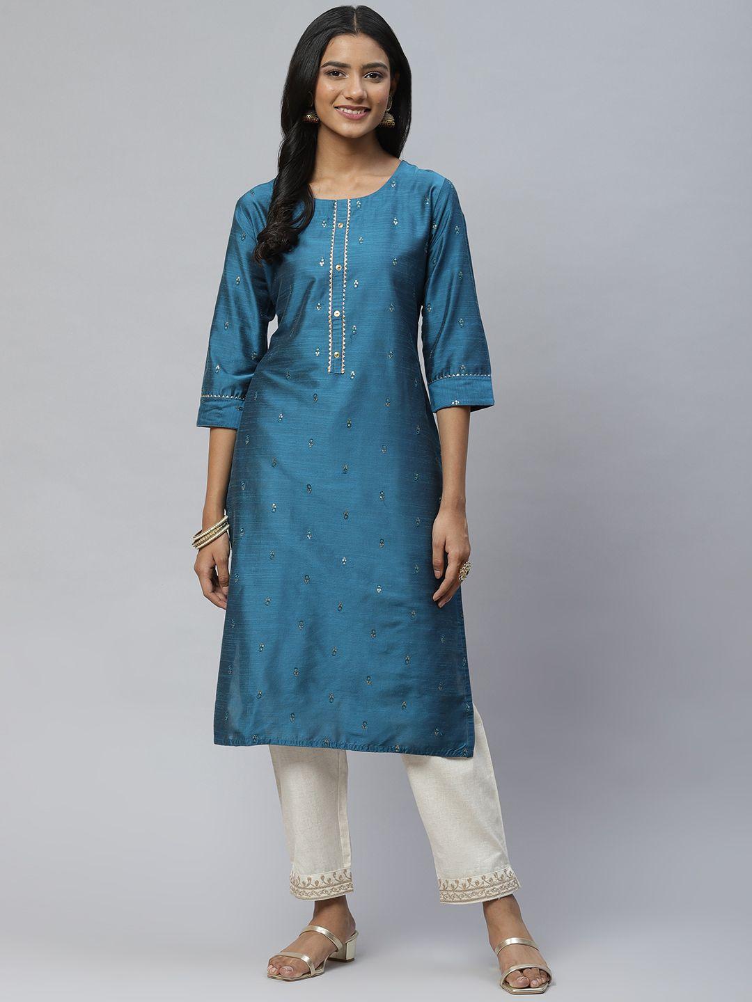 aarika women teal ethnic motifs embroidered pure cotton kurta