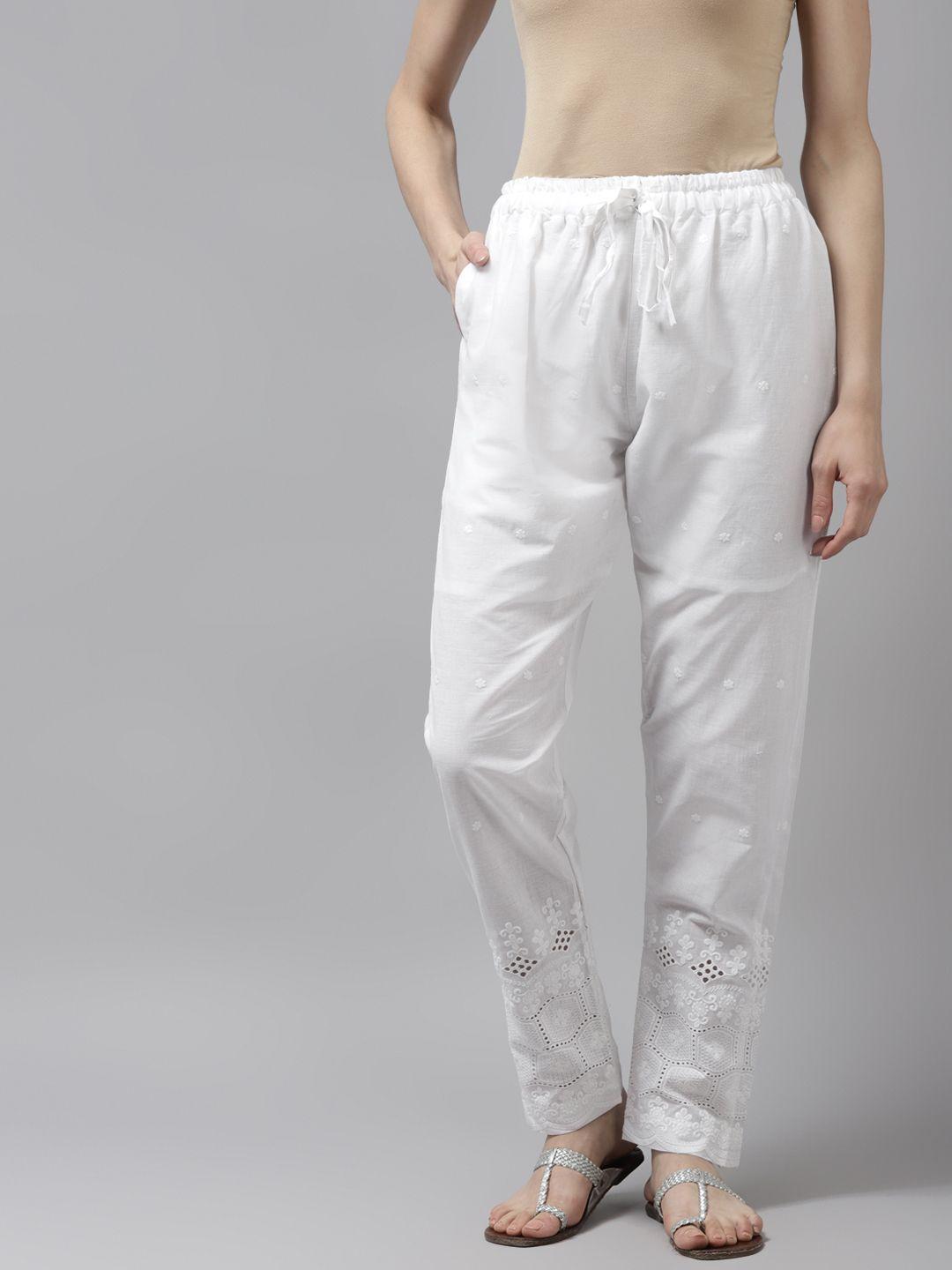 aarika women white solid trousers