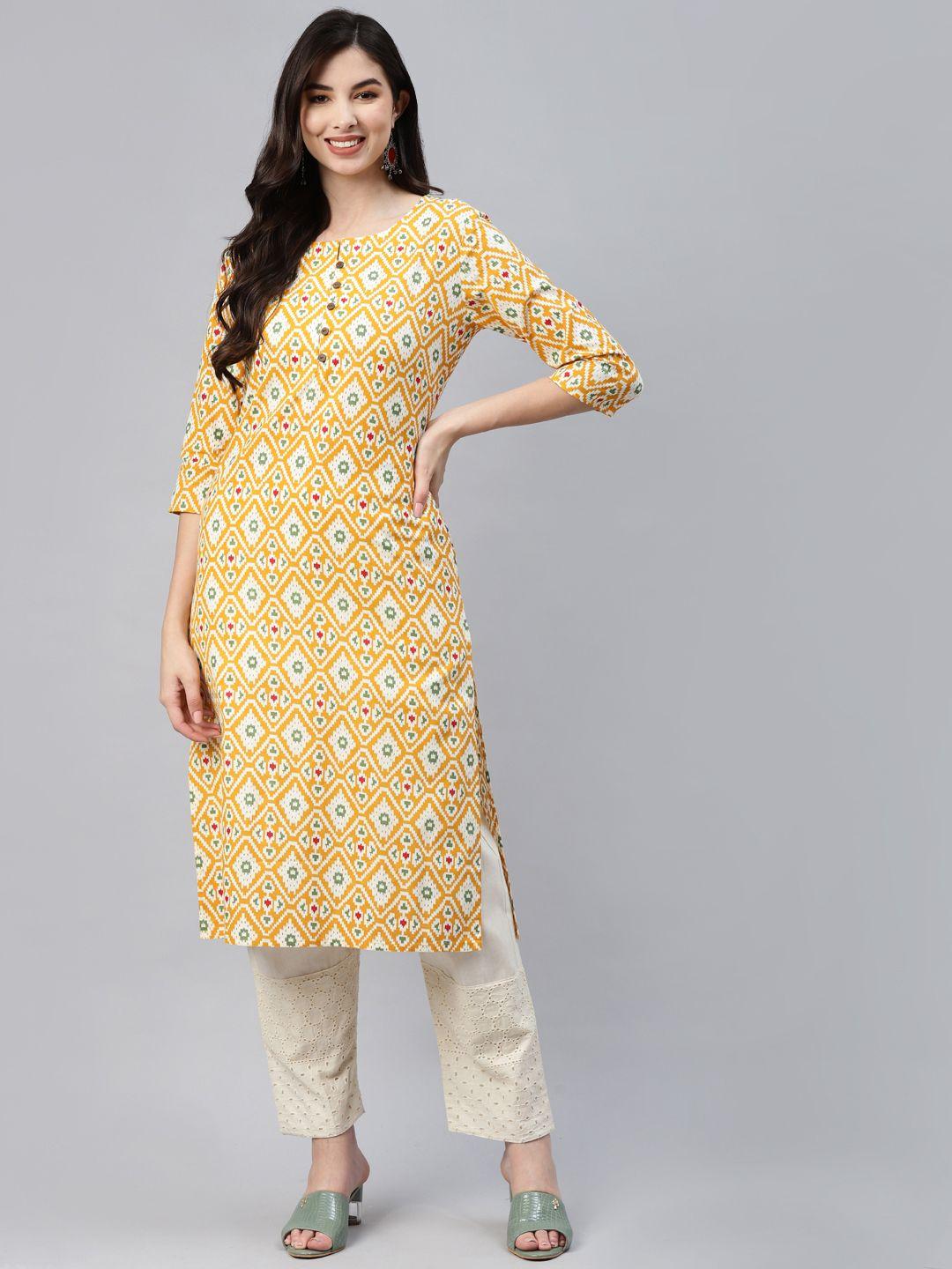 aarika women yellow & white ethnic motifs printed kurta