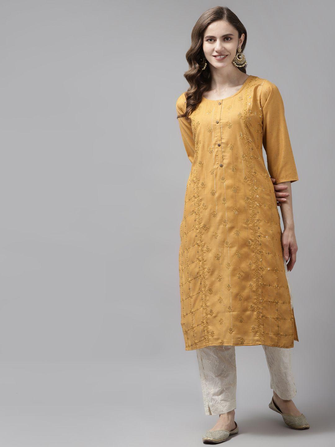 aarika women yellow ethnic motifs embroidered kurta