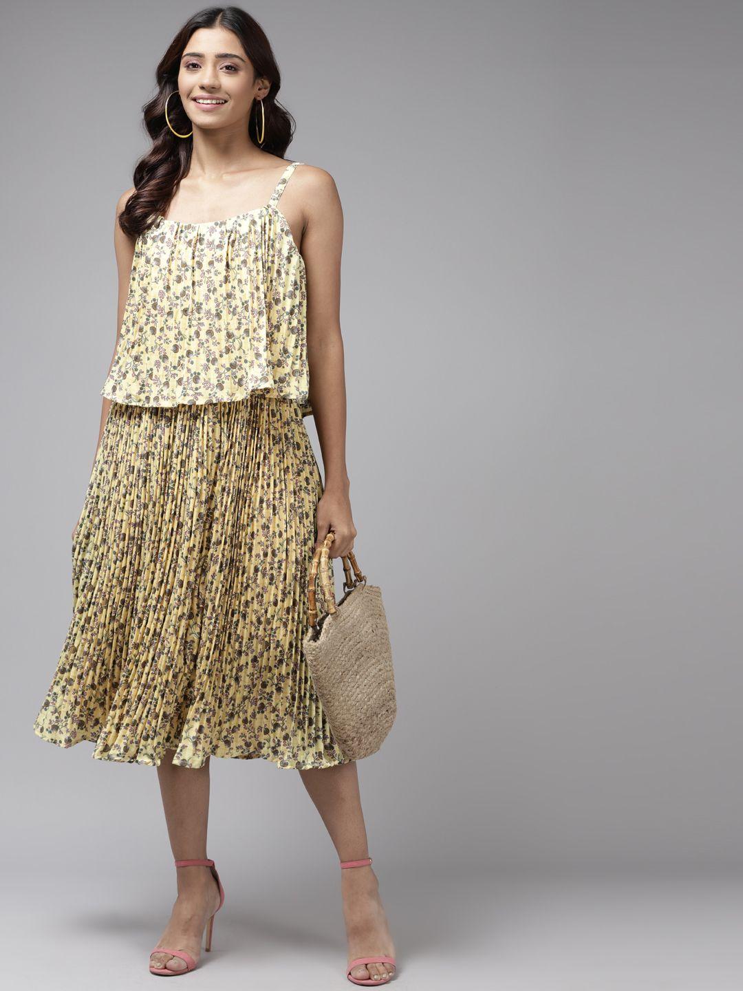 aarika yellow & black floral georgette a-line midi dress