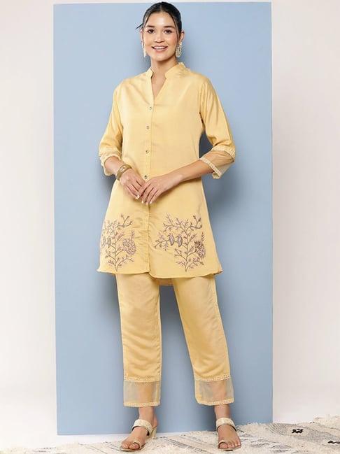 aarika yellow embroidered kurti pant set