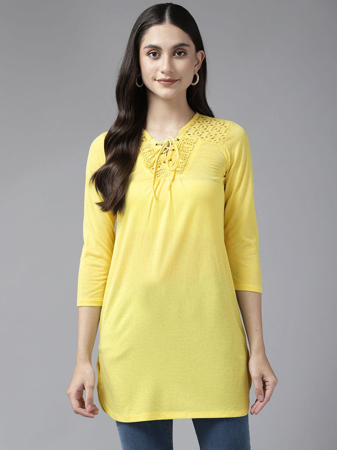 aarika yellow tie-up neck georgette longline top