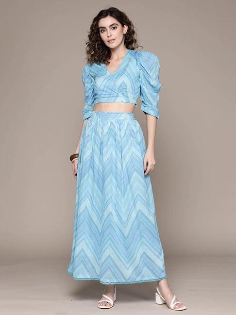 aarke ritu kumar blue printed top & skirt