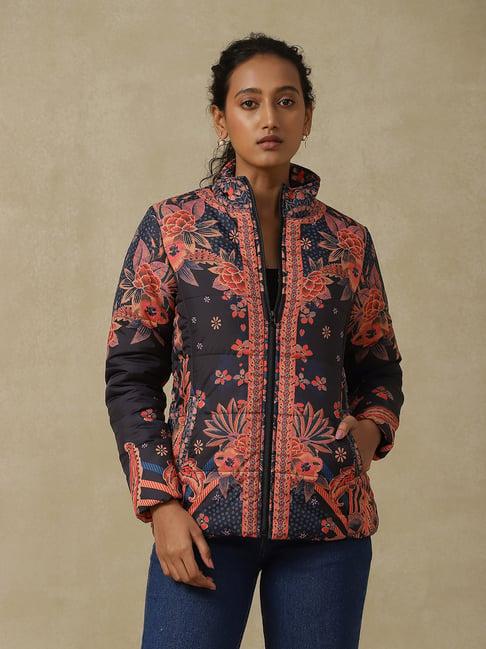 aarke ritu kumar navy & orange floral print quilted jacket
