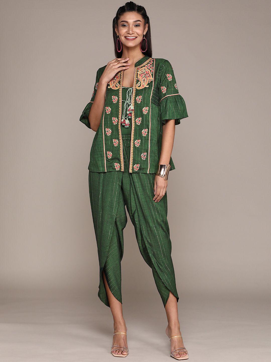 aarke ritu kumar women green & silver striped co-ord set with ethnic jacket