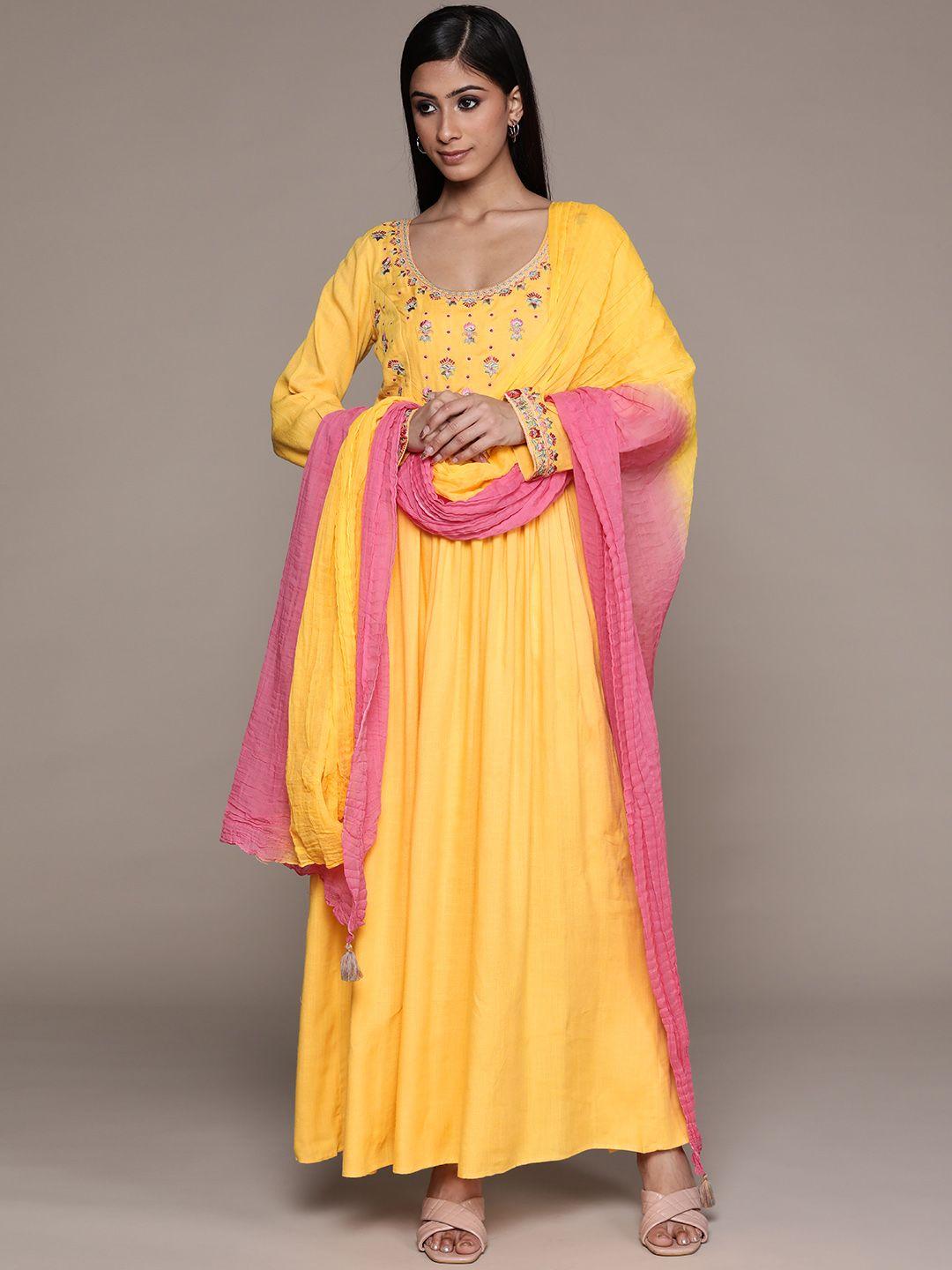 aarke ritu kumar women yellow floral yoke design panelled kurta with palazzos & with dupatta