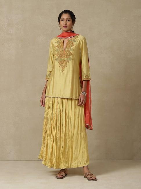 aarke ritu kumar yellow embroidered kurti with skirt & dupatta