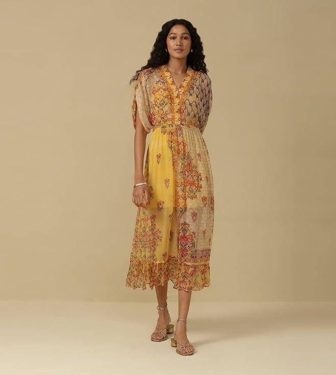 aarke ritu kumar yellow floral print kaftan dress with inner